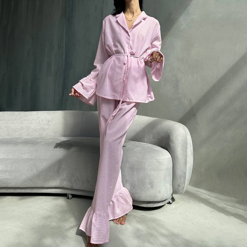 PINK Cozy Striped Pajamas with Delicate Ruffled Edges for wholesale on Faire4