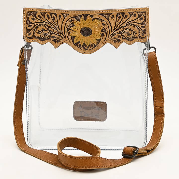LS Western - Wholesale Crossbody Bag - Women's - ADBGZ725 Clear Crossbody Bag with Sunflower Tooled Leather Flap - Western Stadium-Approved Purse3