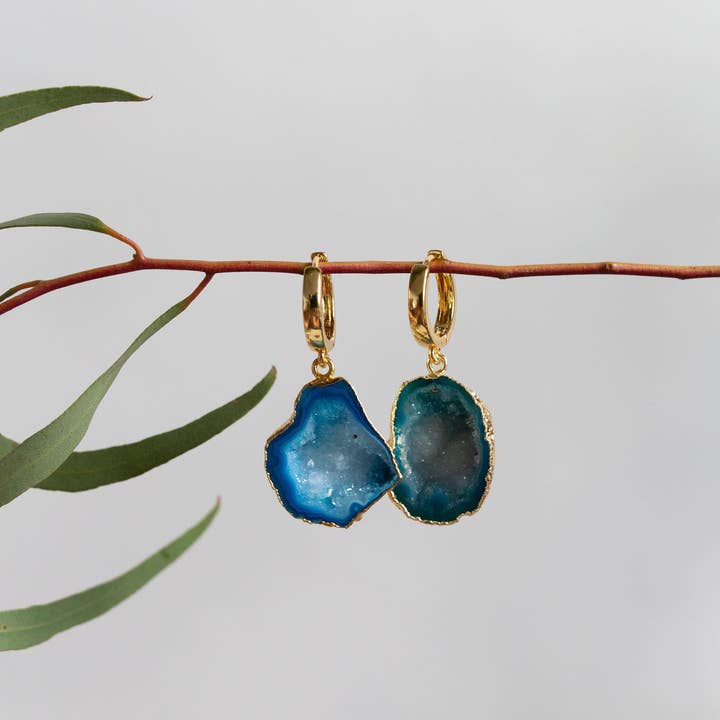 Bohemian and Bouj - Wholesale Huggie Earrings - The World Huggies | 18k Gold-Plated + Geode Earrings8