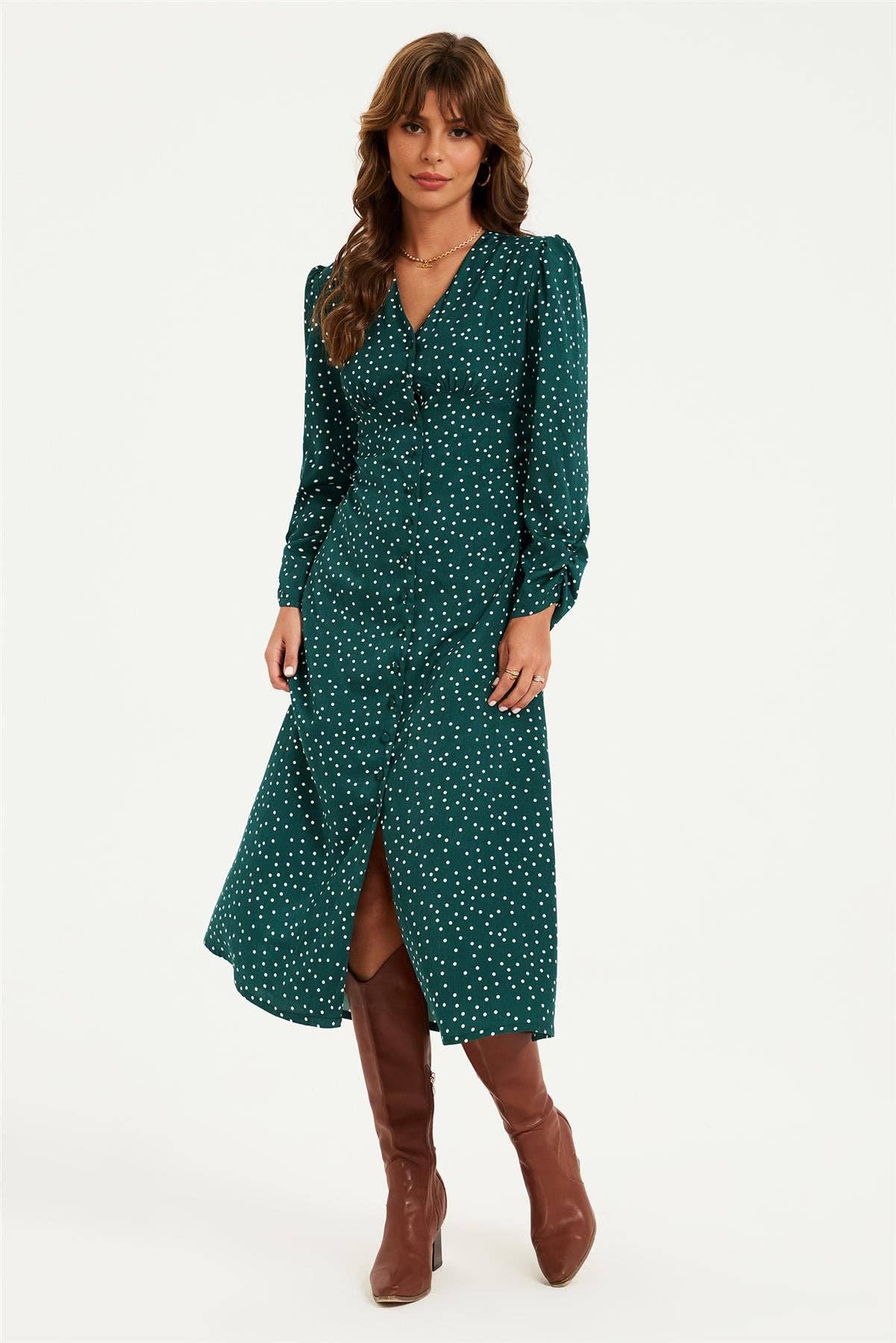 Dot Print Long Sleeve Button Front Midi Dress In Green for wholesale on Faire0