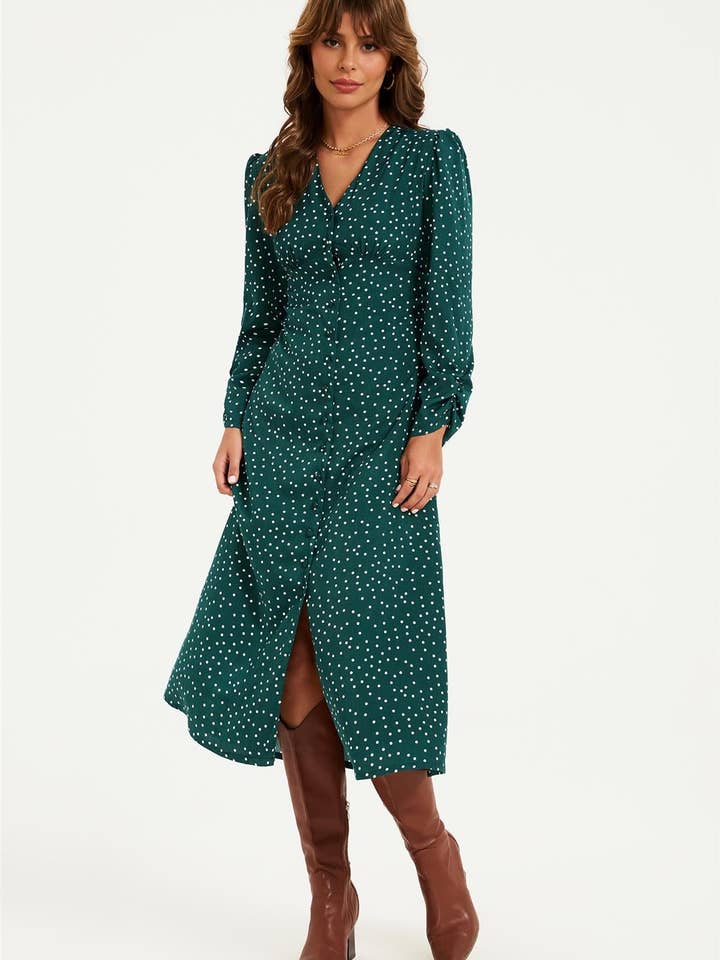Dot Print Long Sleeve Button Front Midi Dress In Green for wholesale on Faire