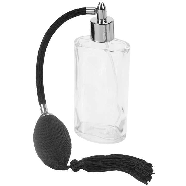 Oval empty perfume bottle with ball pump black/chrome for wholesale by Fantasia R. Espig KG