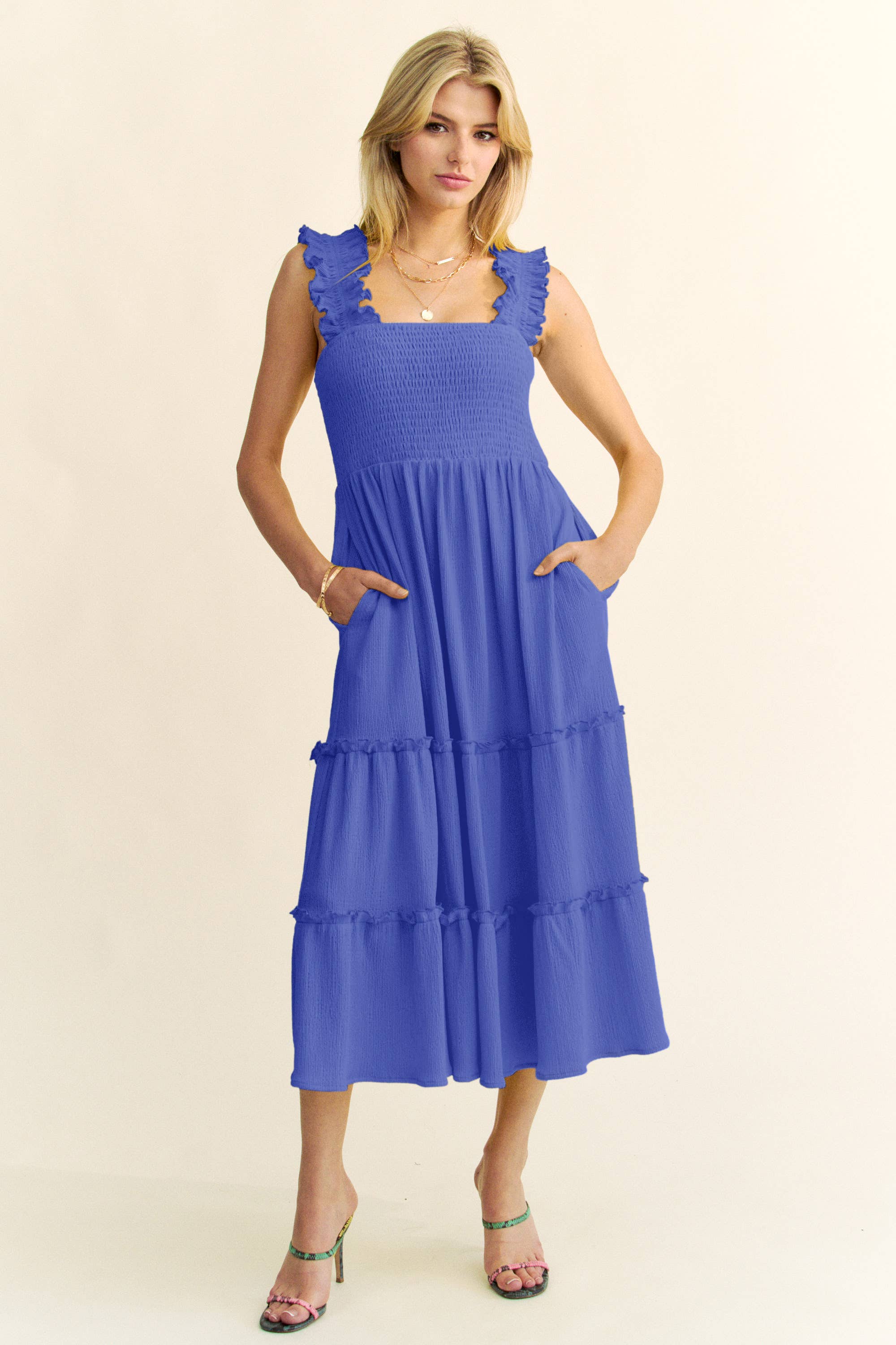 Davi & Dani - Wholesale Dress - Women's - PLUS SMOCING BODICE RUFFLE DETAIL SHIRRED DRESS17