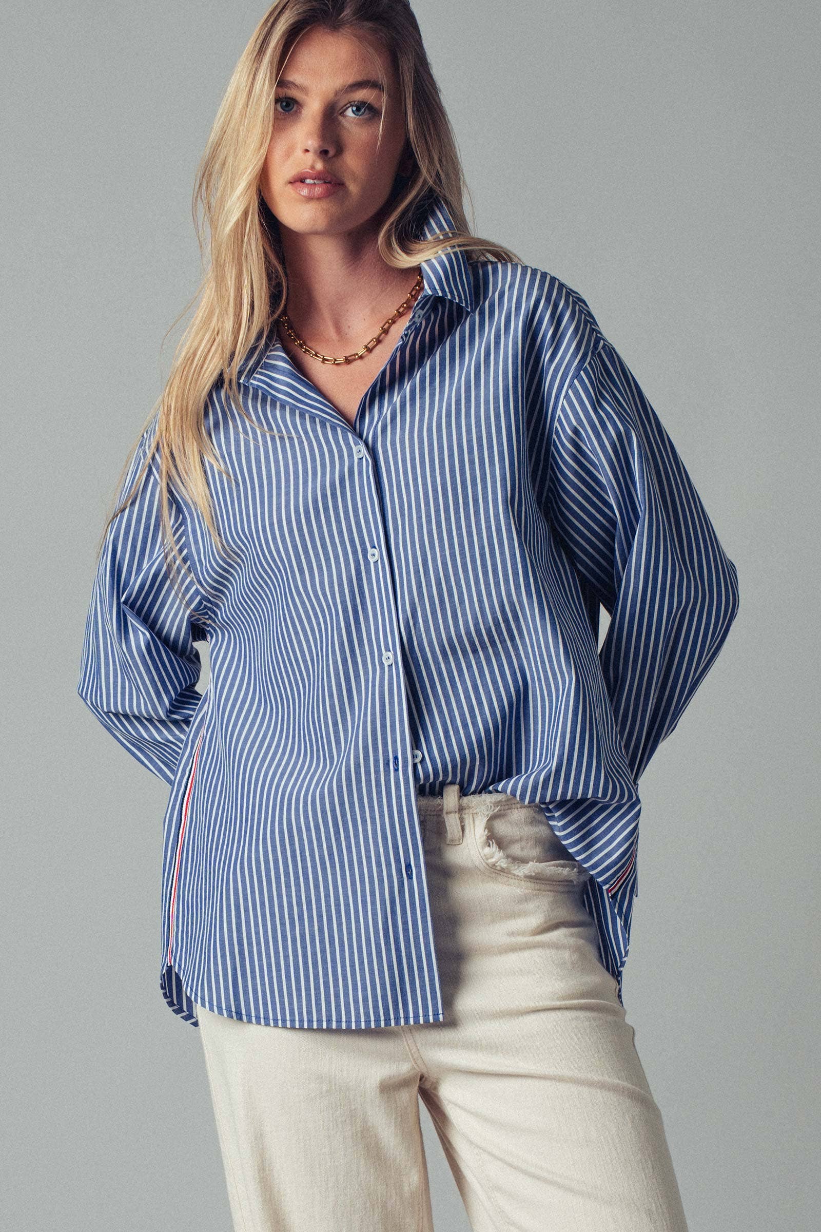 Urban Daizy - Wholesale Button Down Shirt - Women's - Striped Twill Tape Detail Statement Button Shirt15