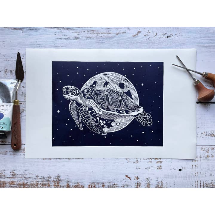 Sea Turtle and the Moon Original Lino Print for wholesale by Georgina Doodles