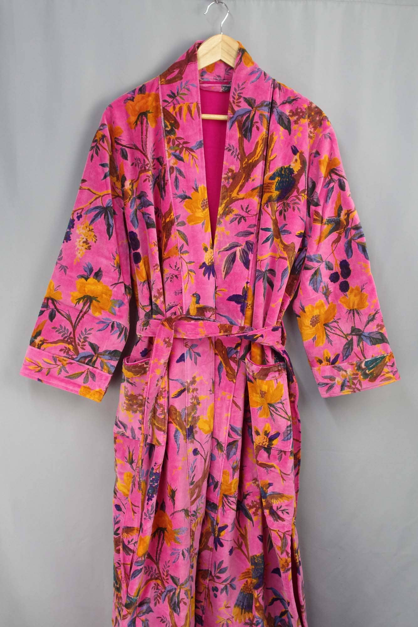 Kantha Decor - Wholesale Kimono - Women's - Velvet Kimono With Lining Gown- Pink Yellow Bird of Paradise2