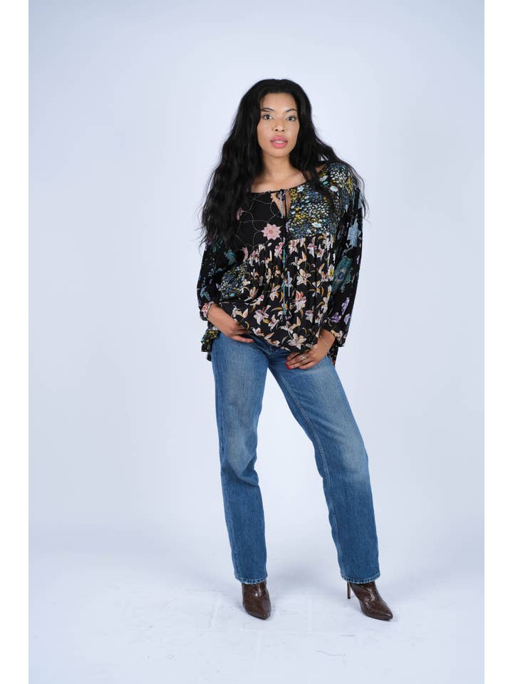 Sacred Threads - Wholesale Blouse - Women's - Midnight Bloom Bohemian Peasant Top
