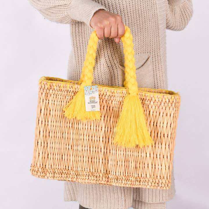 King Of Handmade - Wholesale Beach Bag - Handmade Straw Tote with Braided Yellow Handles - Party Bag