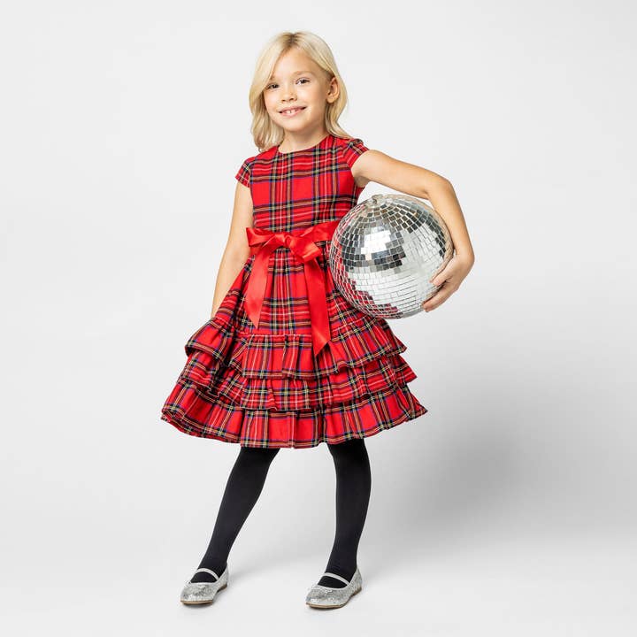 Robe de soirée pour filles Arabella Frill tartan à carreaux, rouge pour la vente par Holly Hastie London