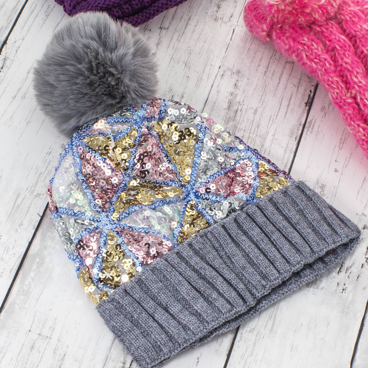 Suzie Q USA - Wholesale Beanie - Women's - Sequin Fashion Fur Pom Beanie4