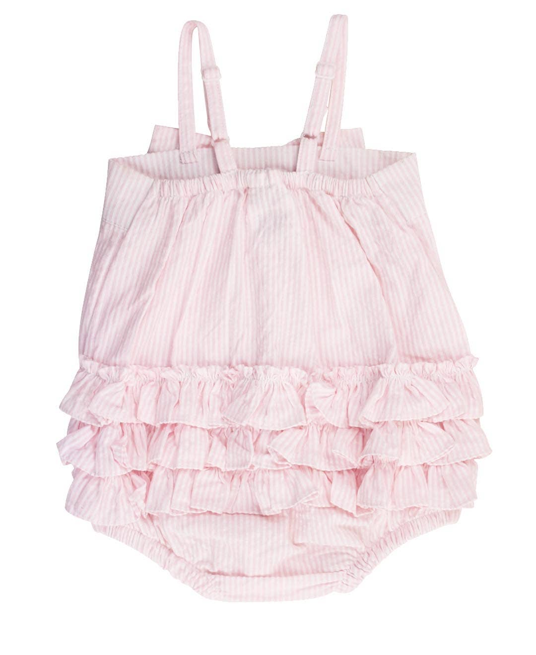 Baby Girls Pink Seersucker Bow Front Bubble Woven Romper for wholesale on Faire1