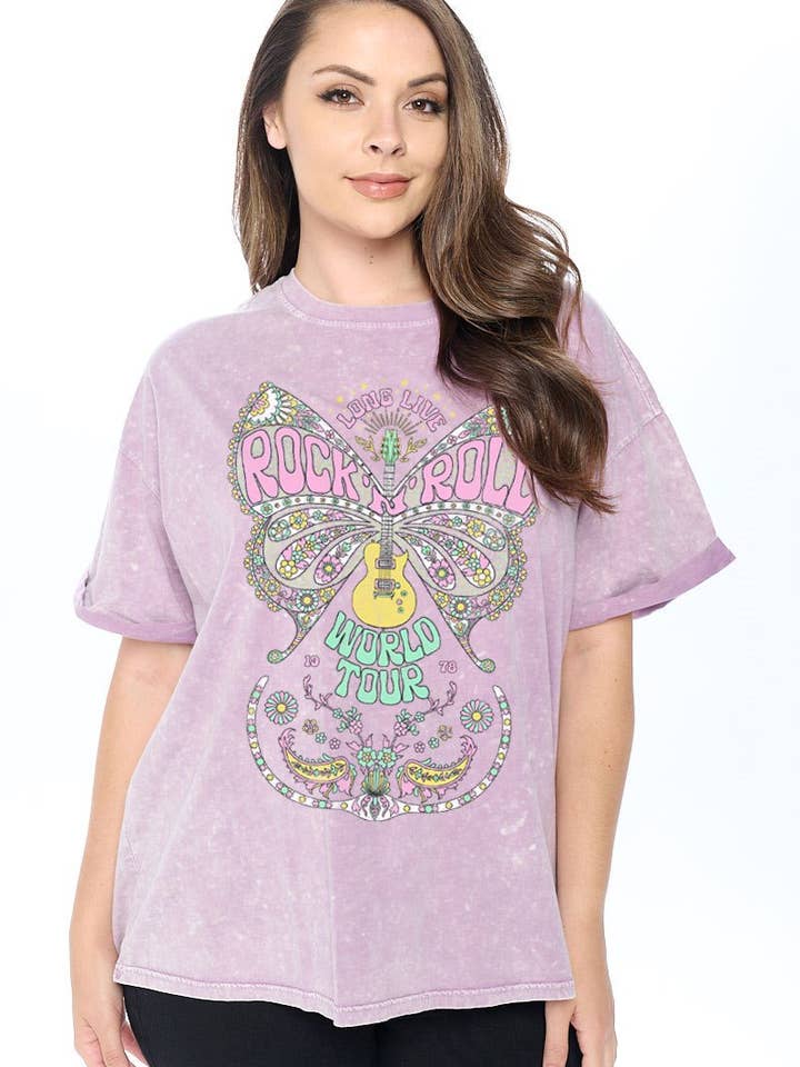 Rock N Roll World Tour Floral Graphic Box Fit Plus Size Tee for wholesale by Zutter