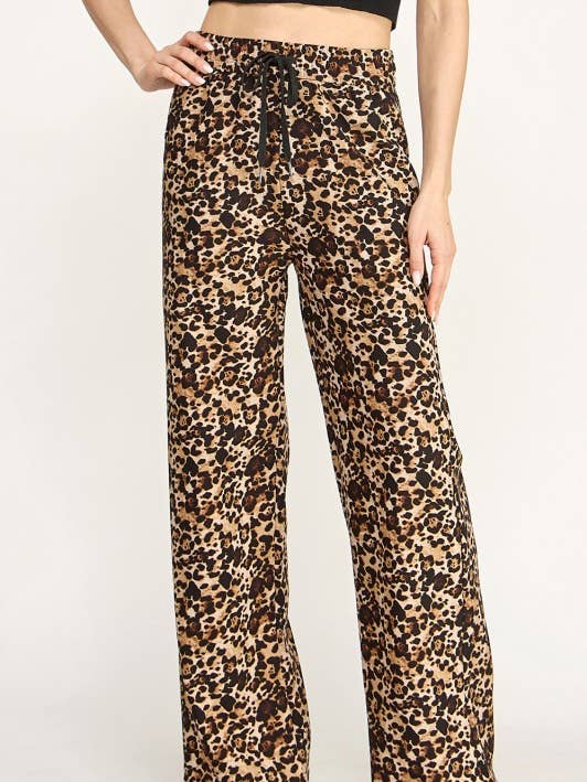SJS05T LEOPARD PRINT STRETCH SCUBA DRAWSTRING STRAIGHT PANTS for wholesale by MIO WHOLESALE
