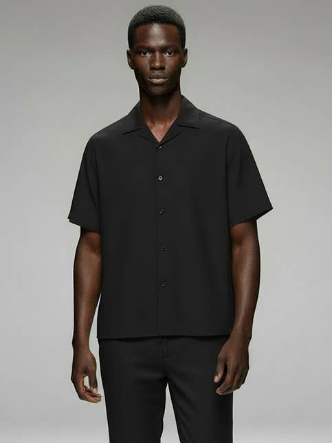 HB-8-77 (Camicia da Uomo in Lino e Spandex Nera) per la vendita all'ingrosso da parte di Hawk's Bay