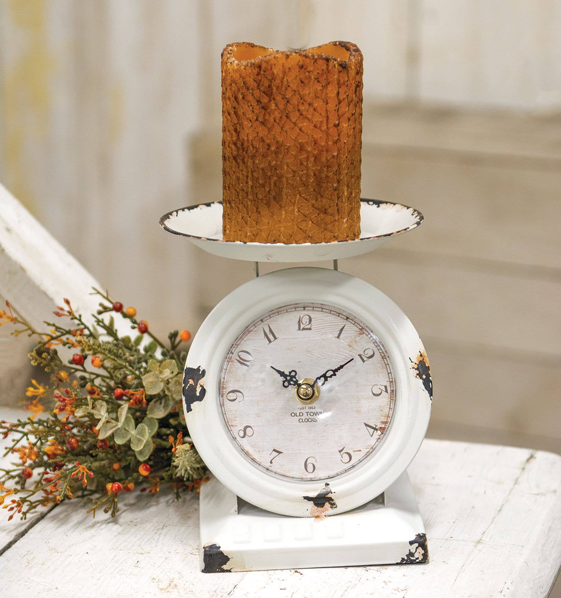 Col House Designs - Wholesale Desk Clock - Farmhouse White Old Town Scale Clock1