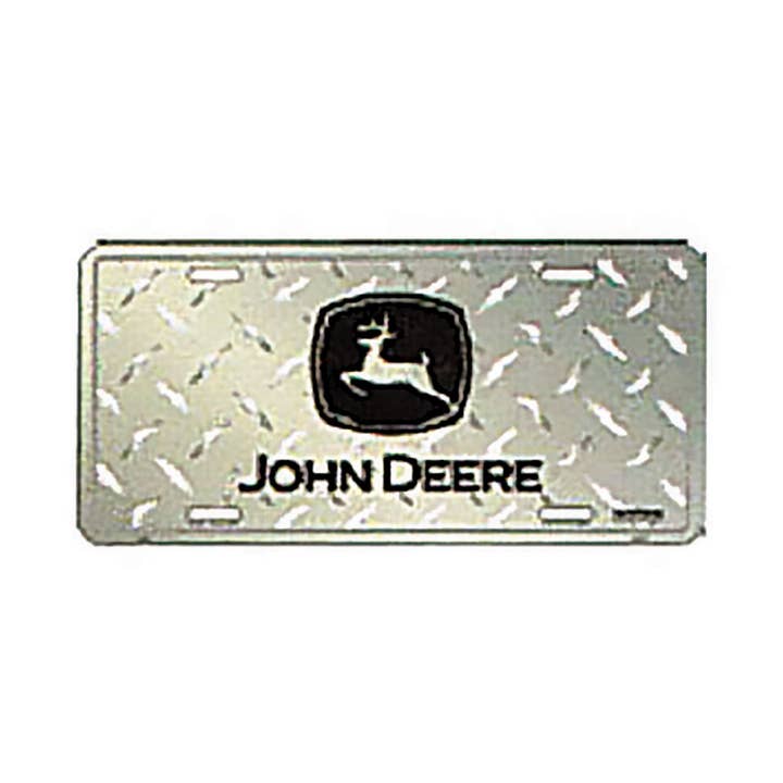 John Deere Metal License Plate Silver Black logo - for wholesale by Birchwood Trading