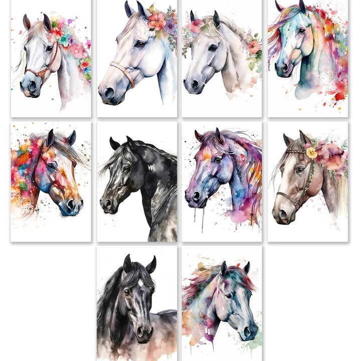 10 Handmade Notecards 4x6 with Envelopes Blank Folded Floral Horses for wholesale by Blue Morning Expressions