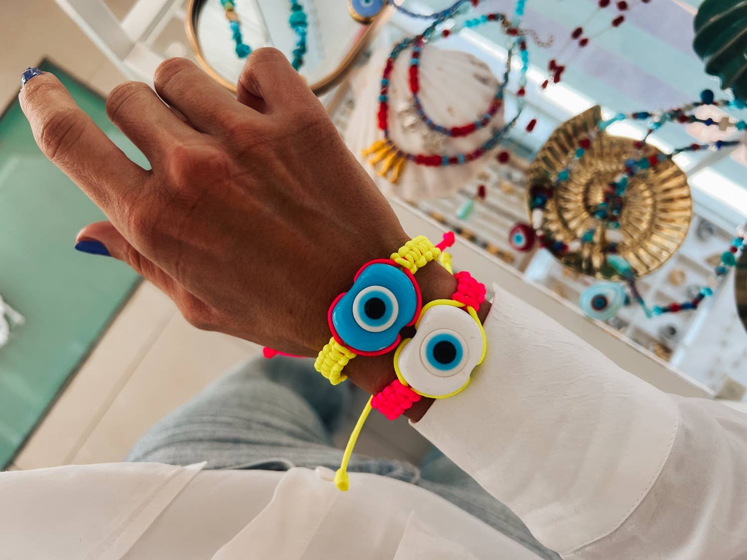 Goupi - Vendita all'ingrosso Bracciale in tessuto/intrecciato - Braccialetti con nodo in nylon rosa neon e giallo neon con occhio di protezione1