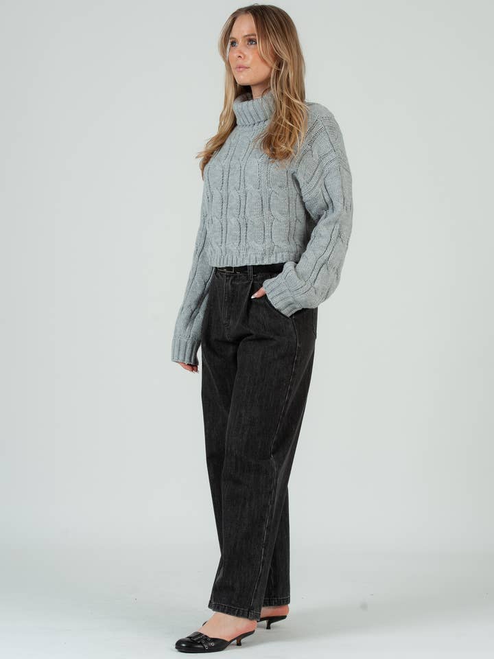 Lucca Couture - Wholesale Knit Sweater - Women's - Cable knit turtleneck sweater in heather grey
