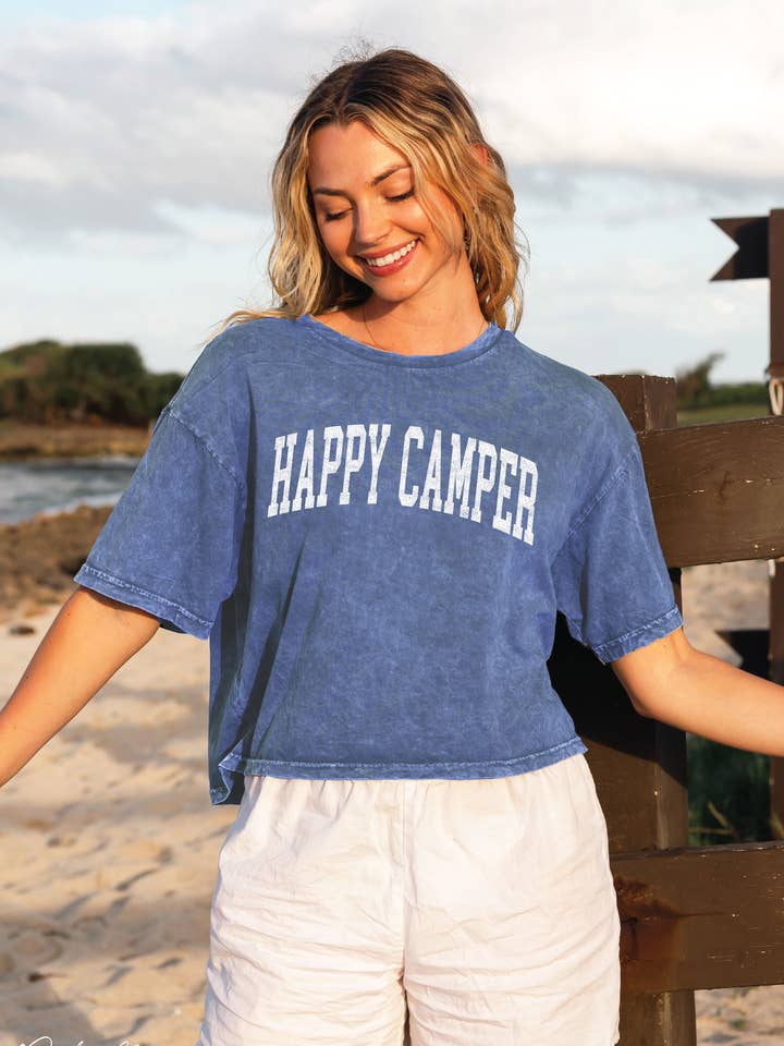 HAPPY CAMPER Cropped Mineral Graphic Top for wholesale by OAT COLLECTIVE