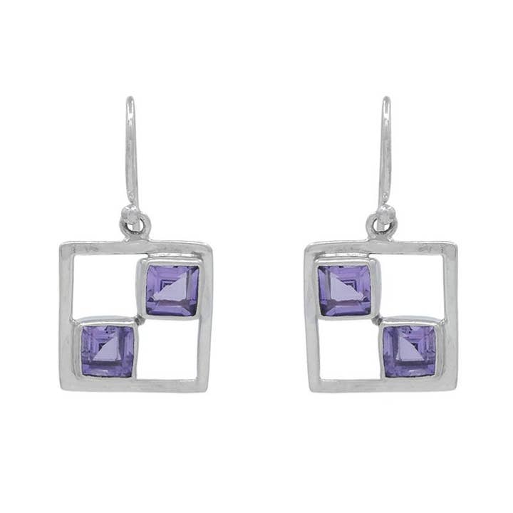 Pendiente de plata de ley con doble cuadrado y amatista para venta al por mayor de SITA