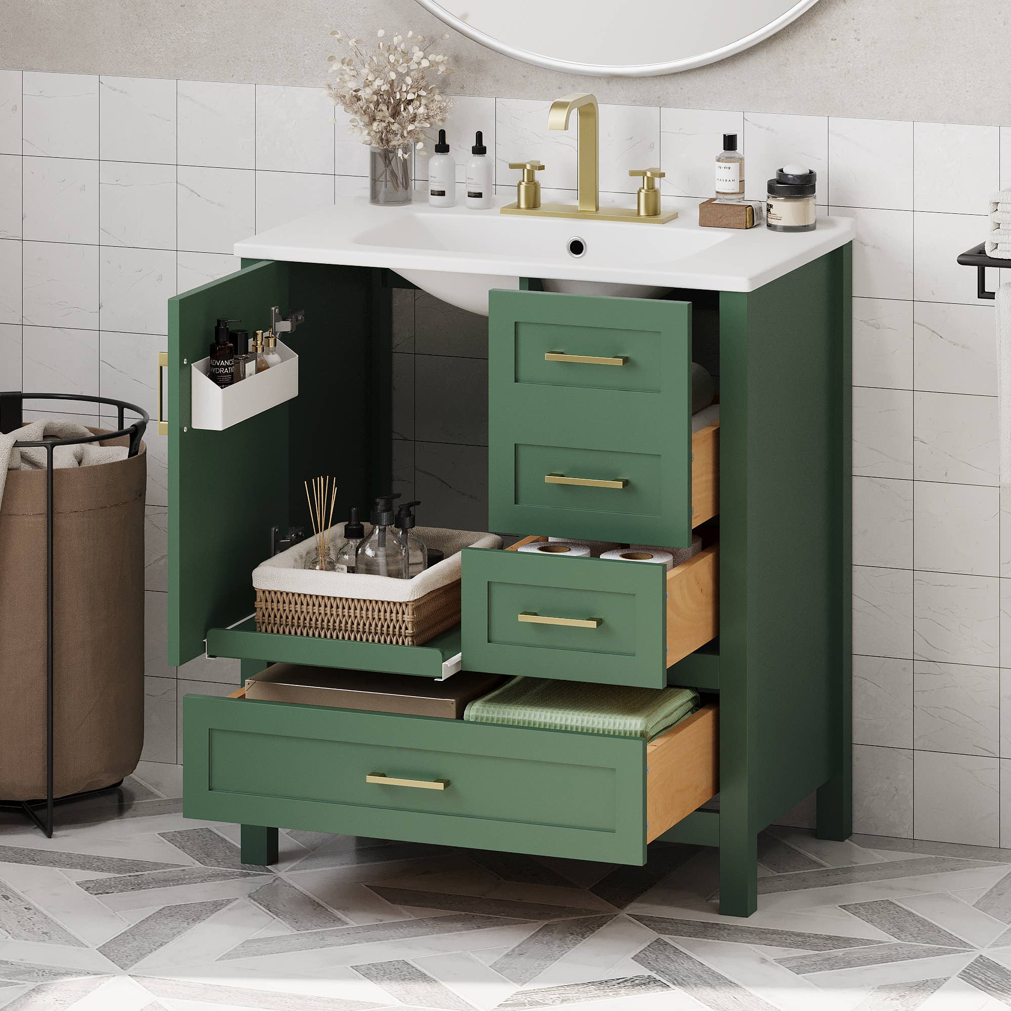 39F Inc. - Vente Armoire - Meuble-lavabo blanc de 30" avec lavabo et tiroirs à fermeture douce7