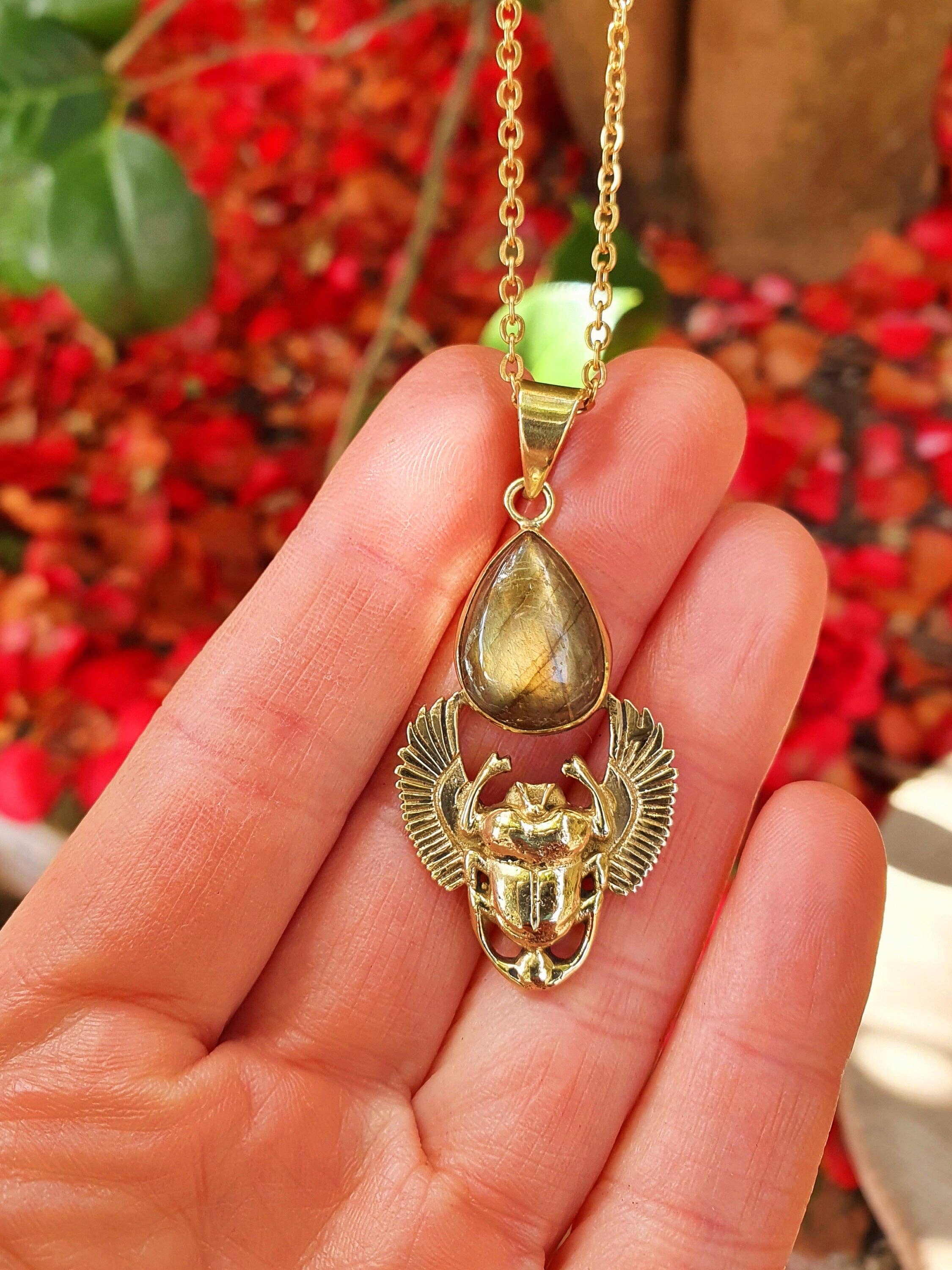 Kaali Boutique - Wholesale Pendant/Charm Necklace - Golden Scarab Labradorite Necklace / Talisman / Third Eye / Hypoallergenic / Brass / Boho / Inca / Ethnic / Illuminati3