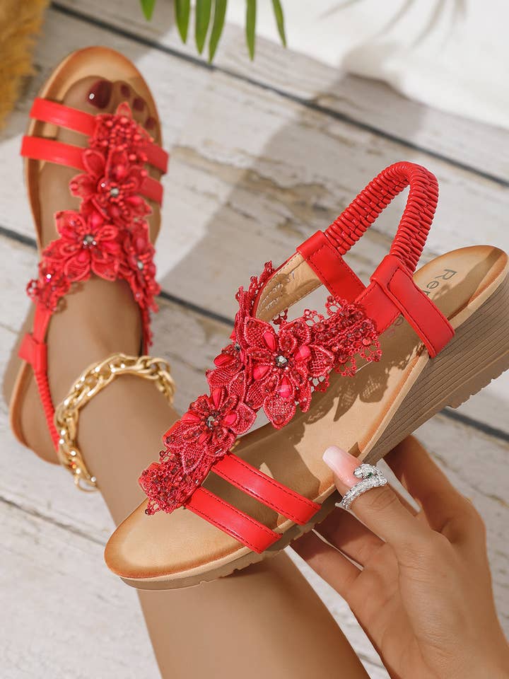 Rentoes – wholesale Sandals – Women's – Ladies‘ Wedged Sandal with Handmade Lace Flowers JS698-3218
