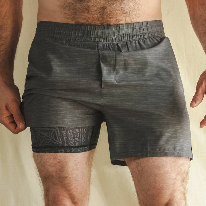 The Tribal Council | Grey Tonal Island Block Ball Hammock® 5 Inch Athletic Shorts for wholesale by Shinesty, Inc