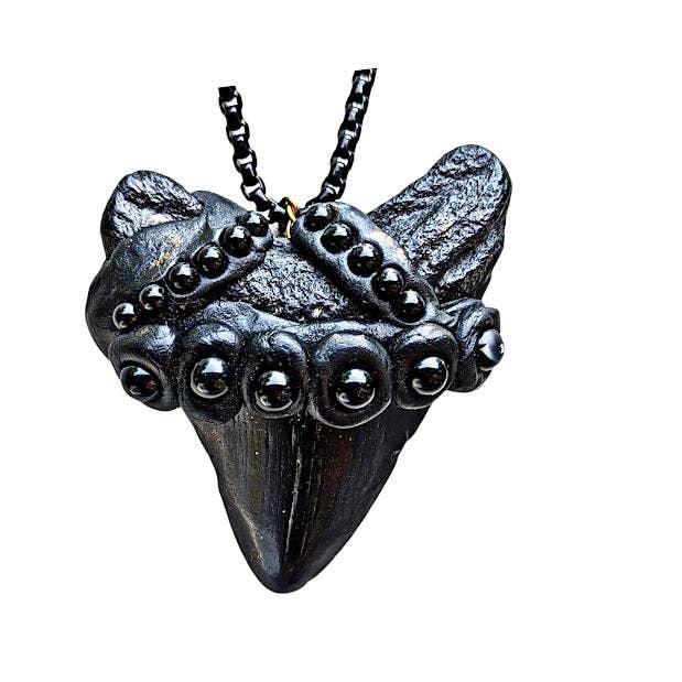 Gay Isber Designs - Wholesale Pendant/Charm Necklace - Real Megalodon Shark Tooth Fossil pendant Black Swarovski Pearls Unisex Statement Sugar Gay Isber 27 inch black chain