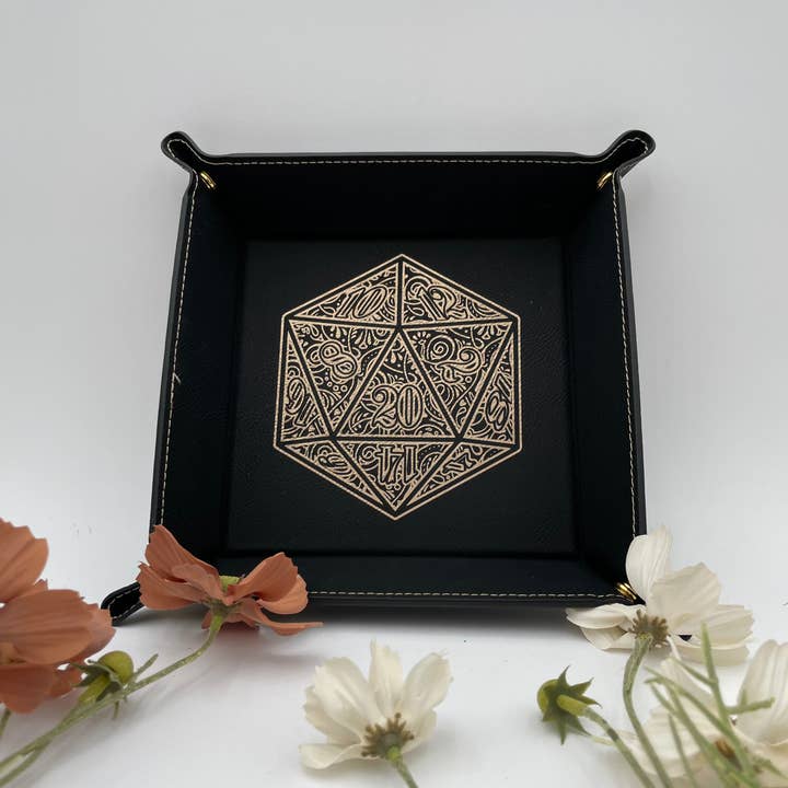 EBONWOOD - Wholesale Dice - Gilded D20 Dice Tray - Vegan Leather DnD Dice Rolling Tray2