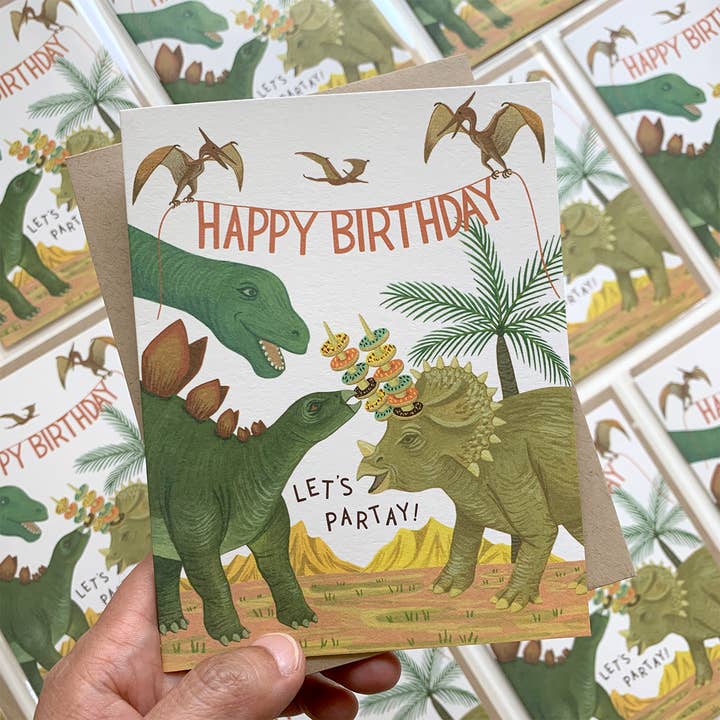 Yeppie Paper - Wholesale Birthday Card - Brontosaurus, Stegosaurus, Triceratops Dinosaur Donut Party Birthday Card