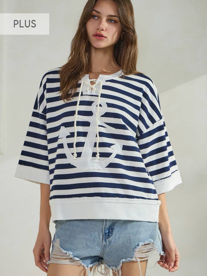 Pullover in spugna francese a righe marine taglie forti per la vendita all'ingrosso da parte di Oddi