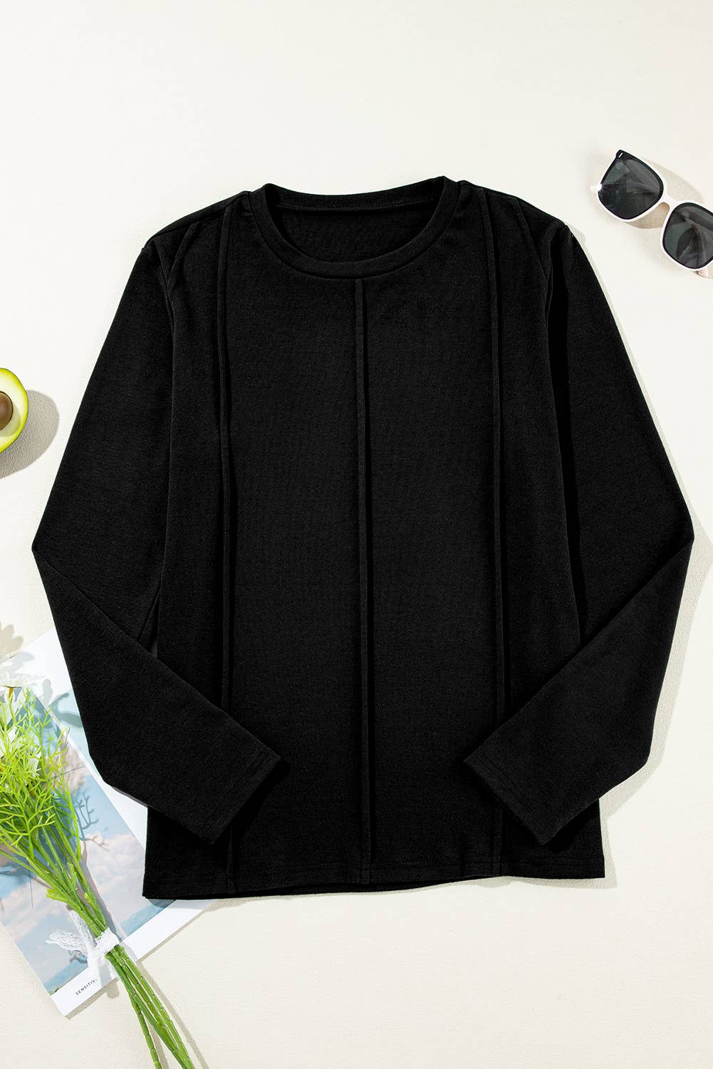 FULL TIME PURCHASE - Wholesale Knit Top - Women's - Solid Exposed Seam Crew Neck Long Sleeve Top21