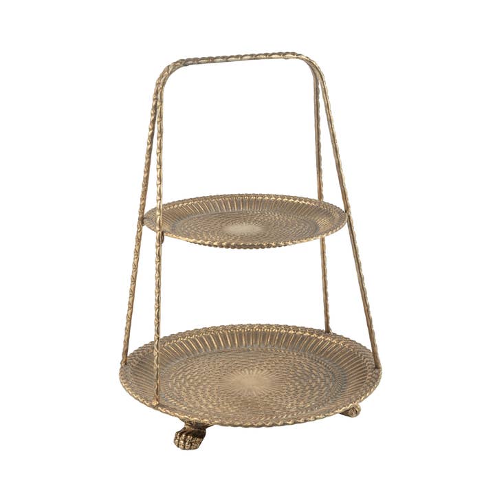 Silver Tree Home & Holiday - Wholesale Decorative Tray - A00549: 2-tier mtl,hneycmb plate,mtl handle,ant bnz,13x9.750