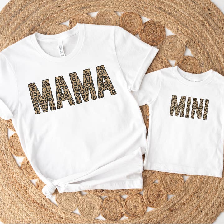 Cheetah pattern Mama & Mini graphic tees: Adult + kid t-shirt set for wholesale by Shine Thrive Grow
