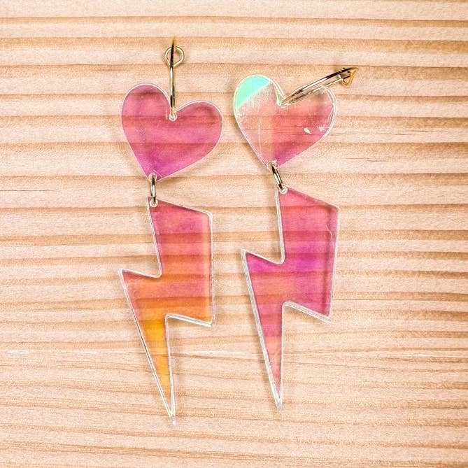 Neon Purple Iridescent Acrylic Love and Lightening Earrings for wholesale by Feather & Fox Print Co.