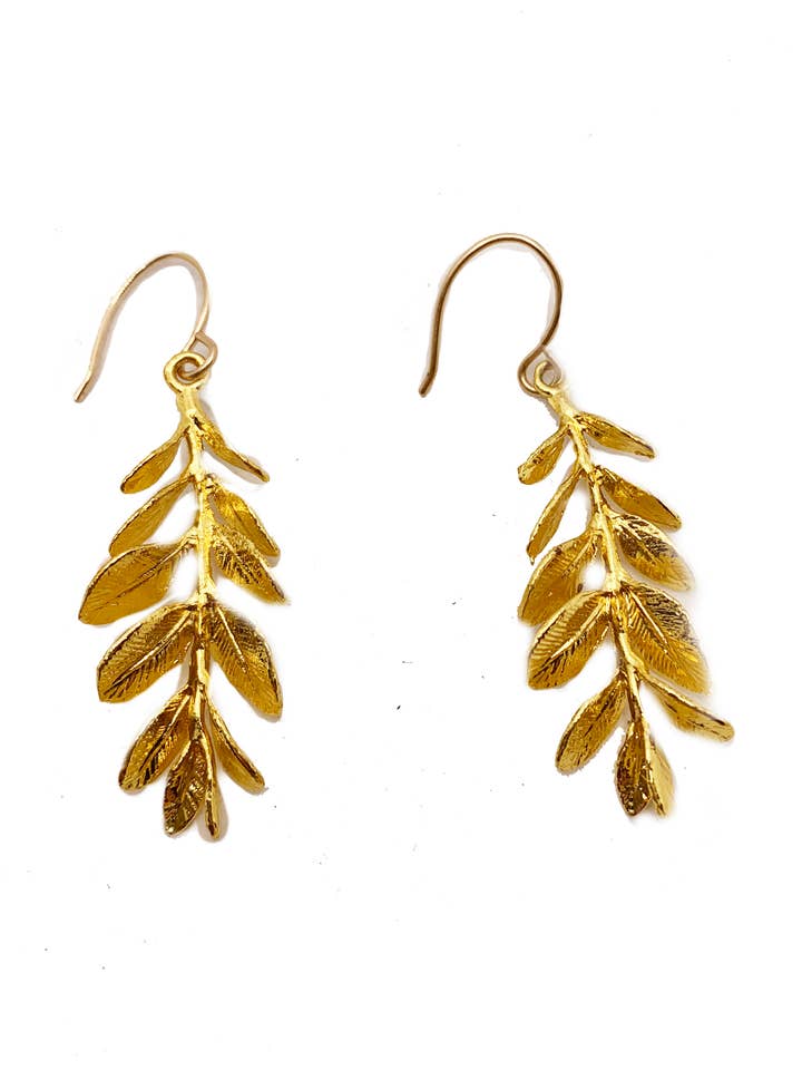 Boxwood Gold Plated Copper Leaf Dangle Earrings for wholesale by Hila