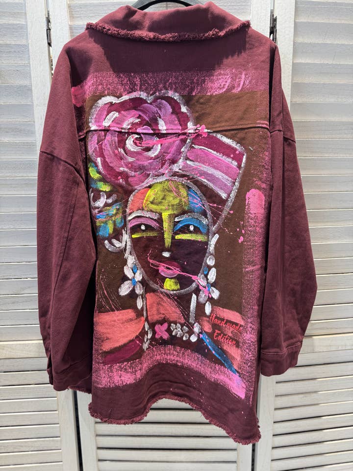 bordeaux Denim jacket with artistic print for wholesale on Faire4