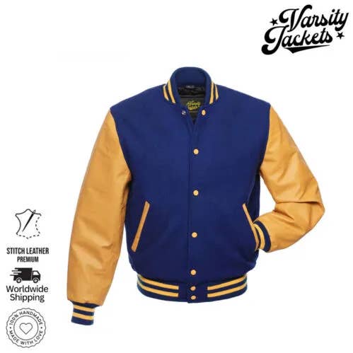 Royal Blue Wool&Gold Leather Sleeves ClassicLetterman Jacket for wholesale by Varsity Craft