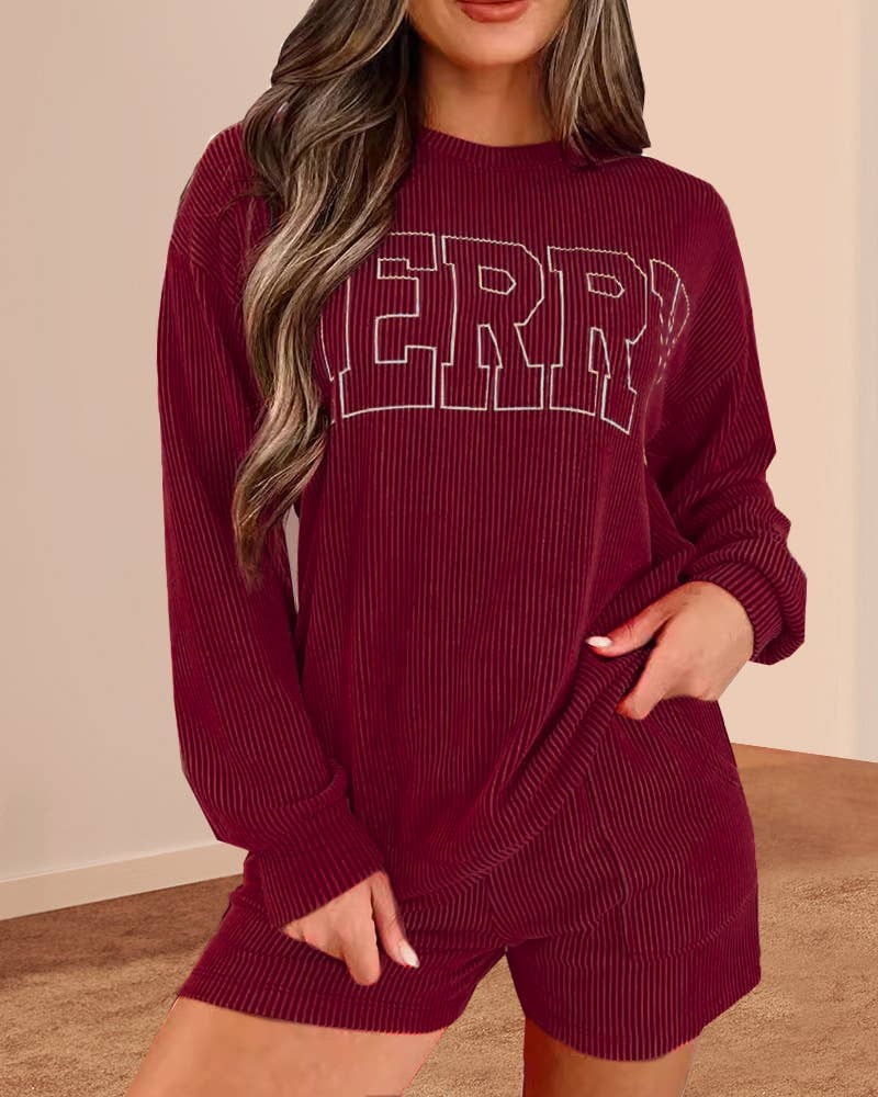 Rosa Clothing - Wholesale Top & Short Set (NOT Loungewear) - Women's - Merry Christmas Print Sweatshirt Shorts Casual Set2