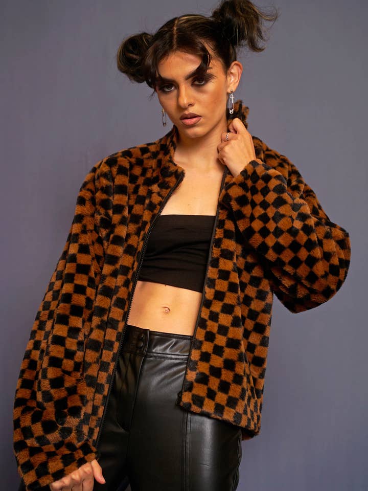 Sweet Rain - Wholesale Jacket - Women's - Checkerboard Fur Zip Up Jacket0