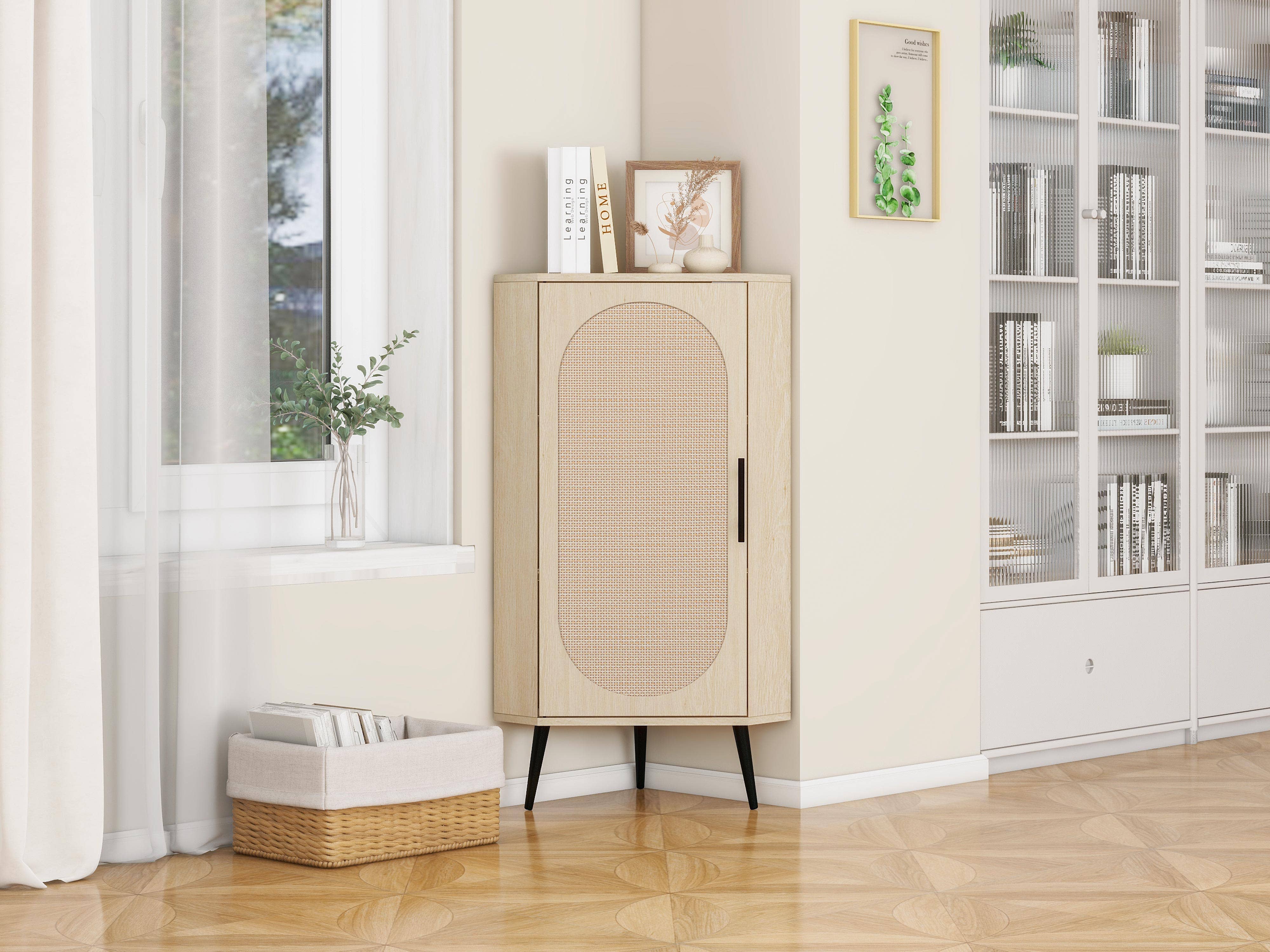 Orange County Decor - Wholesale Cabinet - Corner Cabinet ,Rattan Door,Freestanding Corner Tables For Small Spaces, Corner Shelf Stand For Living Room, Kitchen, Bathroom, Bedroom Natural Particle Board1