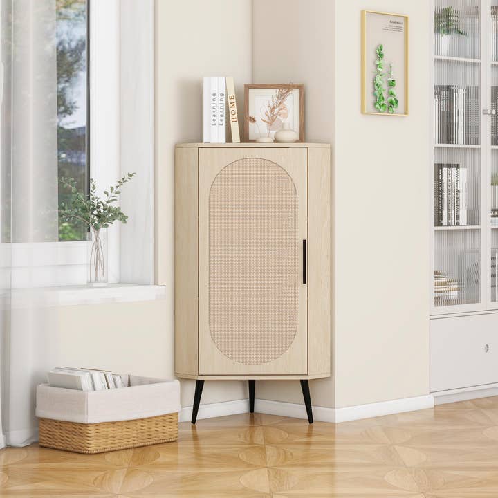 Orange County Decor - Wholesale Cabinet - Corner Cabinet ,Rattan Door,Freestanding Corner Tables For Small Spaces, Corner Shelf Stand For Living Room, Kitchen, Bathroom, Bedroom Natural Particle Board1