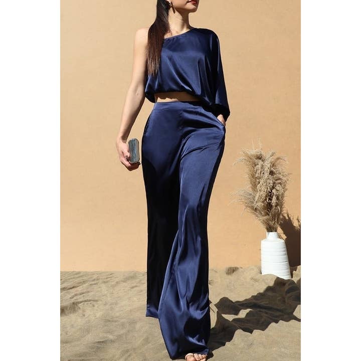 SET VAN SATIJNEN TOP EN BROEK MET ÉÉN SCHOUDER voor wholesale door Black Pearl Clothing