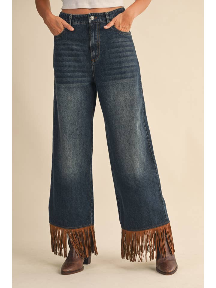 IP1457 FRINGED CONTRAST BOTTOM DENIM PANTS for wholesale on Faire1