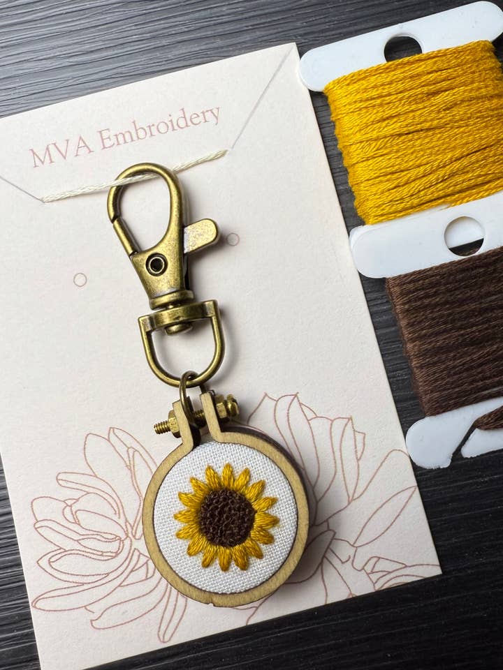 Hand Embroidered Sunflower Keychain for wholesale by MVA Embroidery