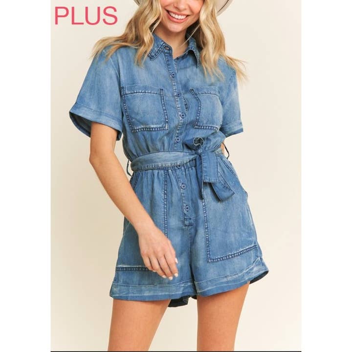 M.DENIM 9377X Plus Size Vasket Tencel Denim Krave Knap-Op Romper for engroshandel på Faire3