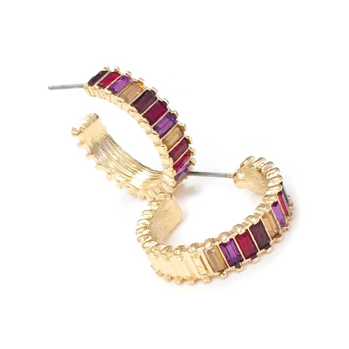 GOLD RED Baguette Stone Bead Tonal Color Hoop Post Earrings for wholesale on Faire1