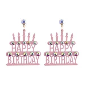 Roze gekleurde metalen Happy Birthday 2" oorbel voor wholesale door What's Hot